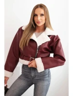Dámská pilotka z ekokůže s kožichem a páskem bordová