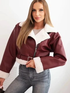 Dámská pilotka z ekokůže s kožichem a páskem bordová