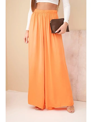Dámské široké viskózové kalhoty s gumou v pase oranžové