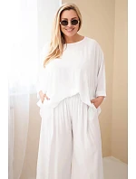 Dámský komplet Plus Size z viskózy se širokými kalhotami a halenkou bílý