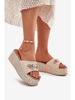 Dámské Pantofle Na Klínu S Pleteninou A Dekorací Béžové Isolene