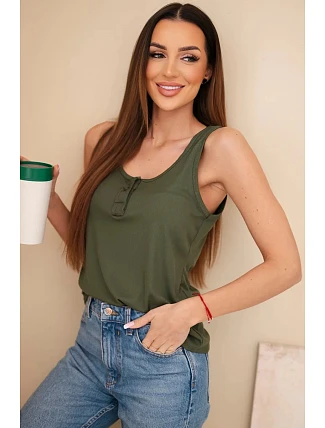 Dámská žebrovaná halenka na ramínkách s knoflíkem khaki Dámská žebrovaná halenka na ramínkách s knoflíkem khaki