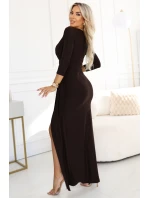 404-14 Elegantní dlouhé šaty s obálkovým výstřihem a rozparkem - čokoládově hnědé