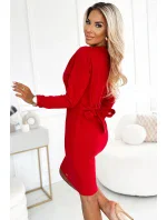 209-12 Bavlněné šaty s širokým páskem na zavazování - ČERVENÉ