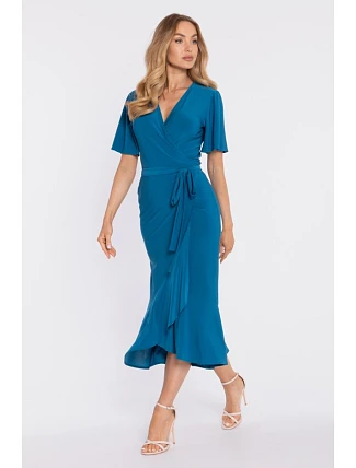 M912 Zavinovací midi šaty s volánem a řasením - oceánsky modré