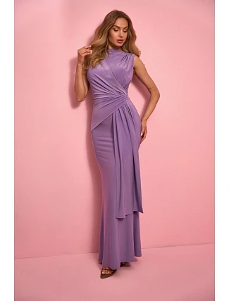 M913 Draped maxi šaty s výrazným pasem a panelem - světle fialové M913 Draped maxi šaty s výrazným pasem a panelem - světle fialové