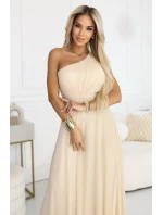 656-2 Dlouhé třpytivé večerní šaty na jedno rameno - šampaňsko-béžové