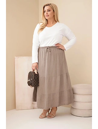Dámská sukně Plus Size bavlněná mušelínová s volánem a gumičkou v pase fango