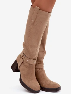 Dámské zateplené kozačky na podpatku s prošíváním Alessara – béžové