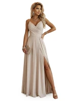 299-20 CHIARA Maxi šaty bez ramínek s obálkovým výstřihem a rozparkem na nohou - šampaňsko-béžové s třpytkami 299-20 CHIARA Maxi šaty bez ramínek s obálkovým výstřihem a rozparkem na nohou - šampaňsko-béžové s třpytkami