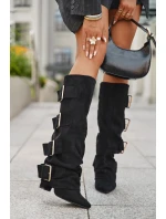 Dámské kozačky na sloupkovém podpatku s ohrnovaným svrškem a zlatými přezkami Isavelle – černé