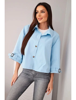 Dámská jarní bavlněná bunda zapínaná na knoflíky s límcem modrá