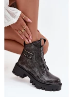 Dámské lakované boty Artiker – grafitové, zateplené, s ozdobou