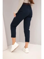 Dámské kalhoty bavlněné s páskem a ohrnutým nohavicemi granátové
