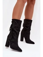 Darlina dámské boty na podpatku s třásněmi a mačkáním zateplené černé