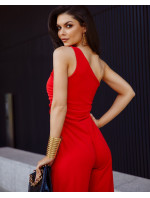 Elegantní overal na jedno rameno s širokými nohavicemi červené barvy