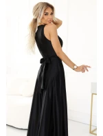 587-2 MONIQUE dlouhé exkluzivní saténové šaty s výstřihem a rozparkem na nohou - BLACK