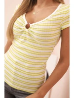 Dámská bavlněná žebrovaná halenka v pruhy s výstřihem a ozdobným kroužkem zelená