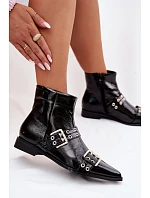 Lakované dámské kotníkové boty na plochém podpatku s pásky a přezkami Černé Hamira