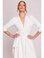 S404 Úpletové šaty s vázacím páskem - ecru barva