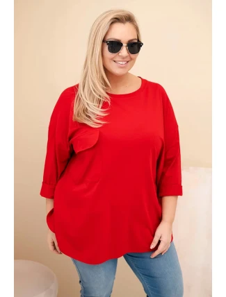 Dámská blůza Plus Size s bavlnou, kapsou a ohrnutým rukávem červená Dámská blůza Plus Size s bavlnou, kapsou a ohrnutým rukávem červená