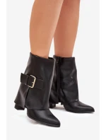 Zateplené boty na podpatku s ohrnutým svrškem a zlatou sponou černé Ylenara