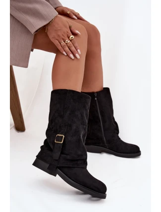 Dámské kozačky s obráceným horním lemem do poloviny lýtka s přezkou Černé Minelle Dámské kozačky s obráceným horním lemem do poloviny lýtka s přezkou Černé Minelle