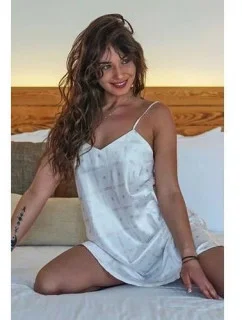 Dámská noční satén košilka HK 018 ecru s potiskem - DKaren