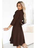 286-9 SANDY Košilové halenkové šaty s páskem - čokoládové 286-9 SANDY Košilové halenkové šaty s páskem - čokoládové