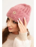 Dámská čepice ribbed z viskózy nadýchaná s ozdobným kovovým knoflíkem tmavě růžová