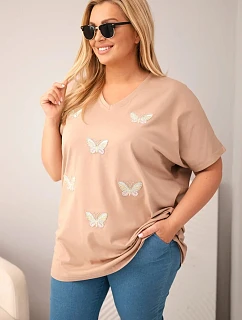 Dámská bavlněná halenka Plus Size s motýlky camelová