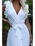 543-1 Plisované midi šaty s výstřihem a jemnými volánky - BÍLÁ