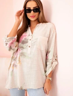 Dámská blůza z bavlny s květinovým vzorem a knoflíky béžový