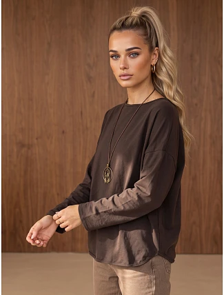 Dámská bavlněná blůza oversize s přívěskem, čokoládová, FashionStreet RY2942 Dámská bavlněná blůza oversize s přívěskem, čokoládová, FashionStreet RY2942