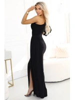 658-1 Třpytivé maxi šaty na jedno rameno s asymetrickými rukávy a rozparkem - černé