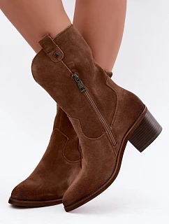 Zateplené kovbojské kožené boty z semiše na podpatku Vinceza 133106 Hnědé