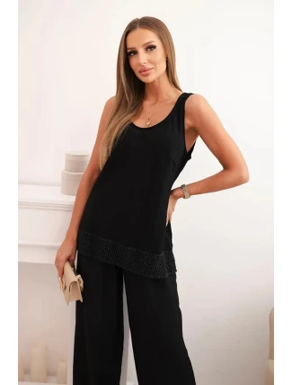 Dámská souprava z viskózy, top na širokých ramínkách a kalhoty s širokým střihem černý Dámská souprava z viskózy, top na širokých ramínkách a kalhoty s širokým střihem černý