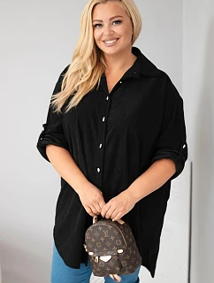 Dámská košile Plus Size z viskózy manšestrová s připínacími rukávy černá