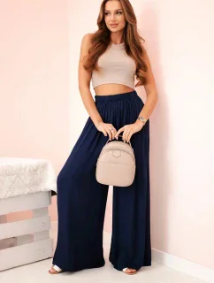 Široké dámské viskózové kalhoty s elastickým pasem tmavě modré