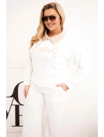 Dámský komplet masełko Plus Size se širokými nohavicemi a límečkem bílý