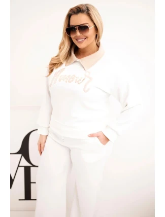 Dámský komplet masełko Plus Size se širokými nohavicemi a límečkem bílý