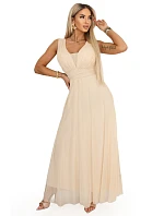 637-4 Dlouhé maxi šaty s brokátovými třpytkami a hlubokým výstřihem - šampaňsko-béžové
