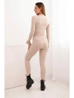 Dámský komplet z žebrované viskózy s dlouhým rukávem a legínami bežový