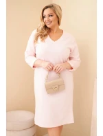 Šaty dámské Plus Size máslové s výstřihem do V a rukávem pudrově růžová