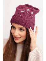 Dámská zimní čepice s vlnou zdobená flitry a pletením K473 tmavě fialová