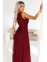 656-1 Dlouhé třpytivé večerní šaty na jedno rameno - vínové