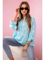 Lněná dámská halenka s květinovým vzorem, dlouhými rukávy a knoflíky Mátová