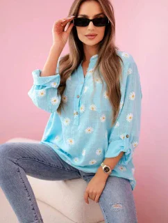 Lněná dámská halenka s květinovým vzorem, dlouhými rukávy a knoflíky Mátová