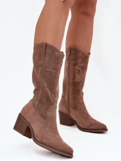 Ažurové Kozačky Damské Na Podpatku Tmavě Béžové Olivette