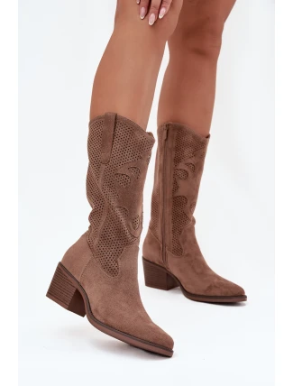 Ažurové Kozačky Damské Na Podpatku Tmavě Béžové Olivette